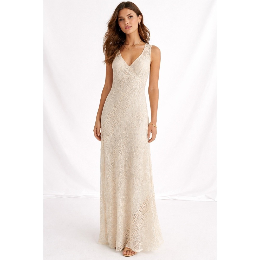 Elegant Cream Lace V-Neck Maxi Dress